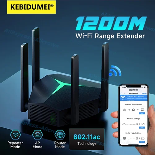 Imagen 1 del producto Repetidor WiFi de doble banda 5G AC1200, extensor de señal inalámbrico de 1200M, enrutador/repetidor/enrutador amplificador WiFi AP de 2,4G/5Ghz para el hogar