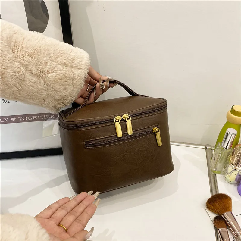 High Quality PU Leather Women Makeup Bags Vintage Simple Solid Color Zippers Cosmetic Bag Portable Travel Fashion Toiletry Bag