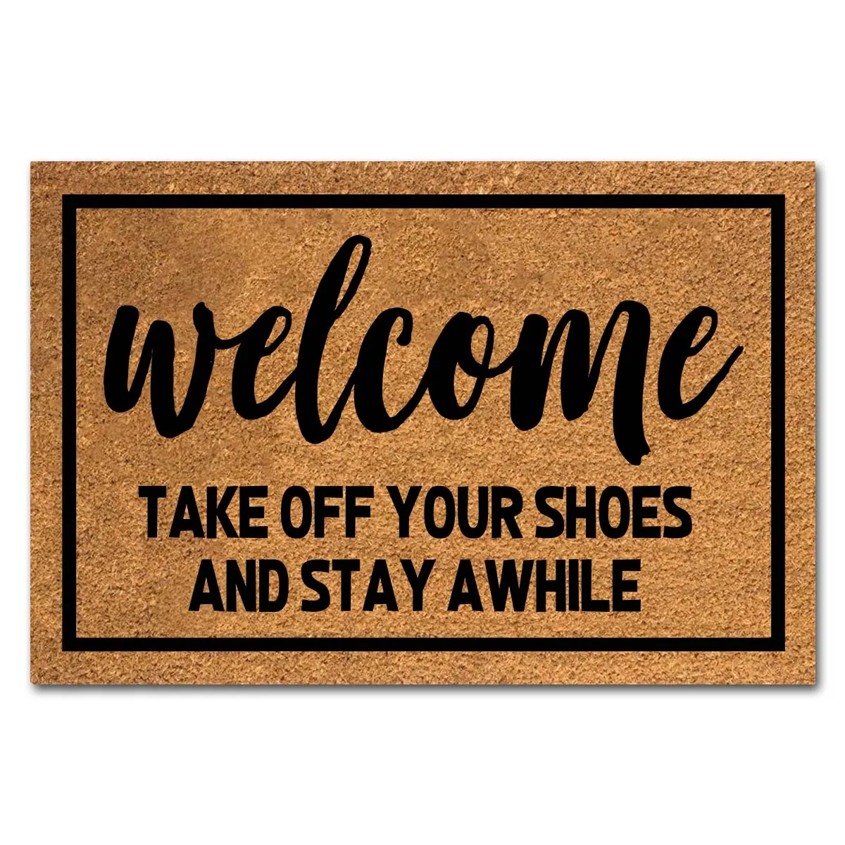 Funny Coir Doormat Welcome Take Off Your Shoes and Stay Awhile Front Door Mat Entryway Outdoor Mat with Heavy Duty 23.6 x 15.7In