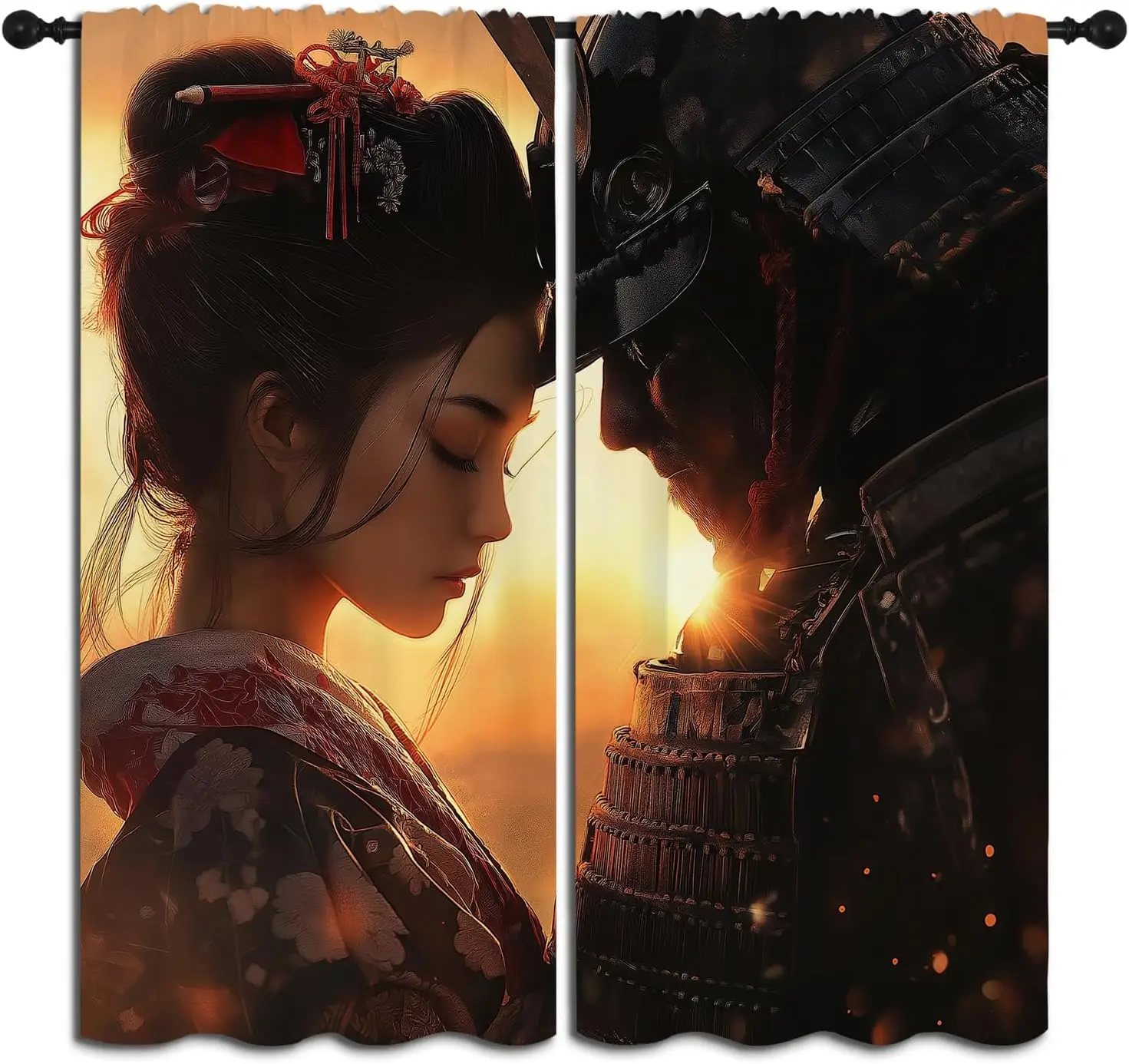 Japanese Samura Boy Girls Blackout Curtains,Asian Art Style Geisha Sunset, 2 Panel Rod Pocket Thermal Insulated Drapes