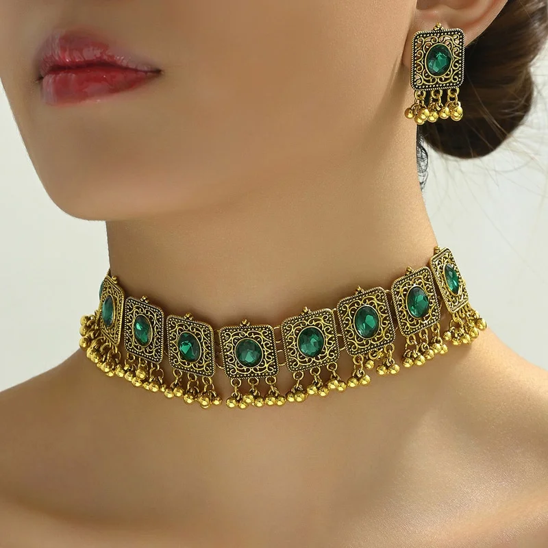

2025 New Design Vintage Ethnic Style Jewelry Set Indian Dubai Colorful Necklace Earring Jewelry Sets Suitable For Bridal Wedding