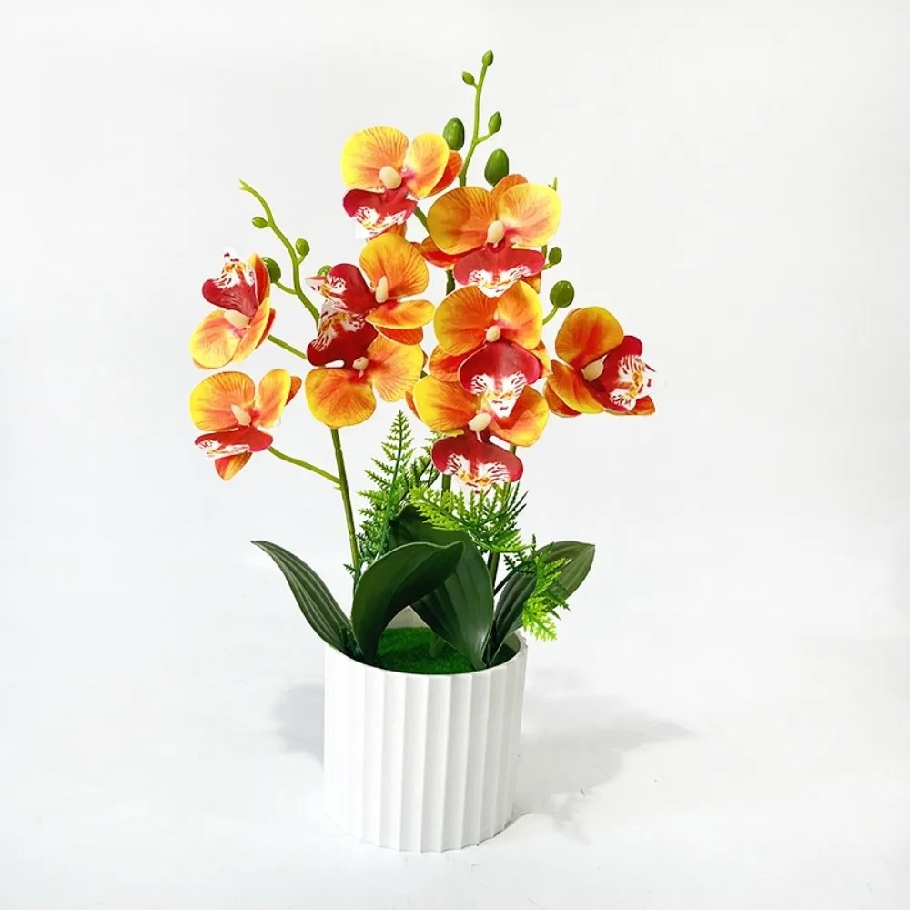 9 Heads Artificial Orchid Potted Flower Pink With White Pot Simulated Butterfly Orchid Flower Potted Multi-Bloom Phalaenopsis