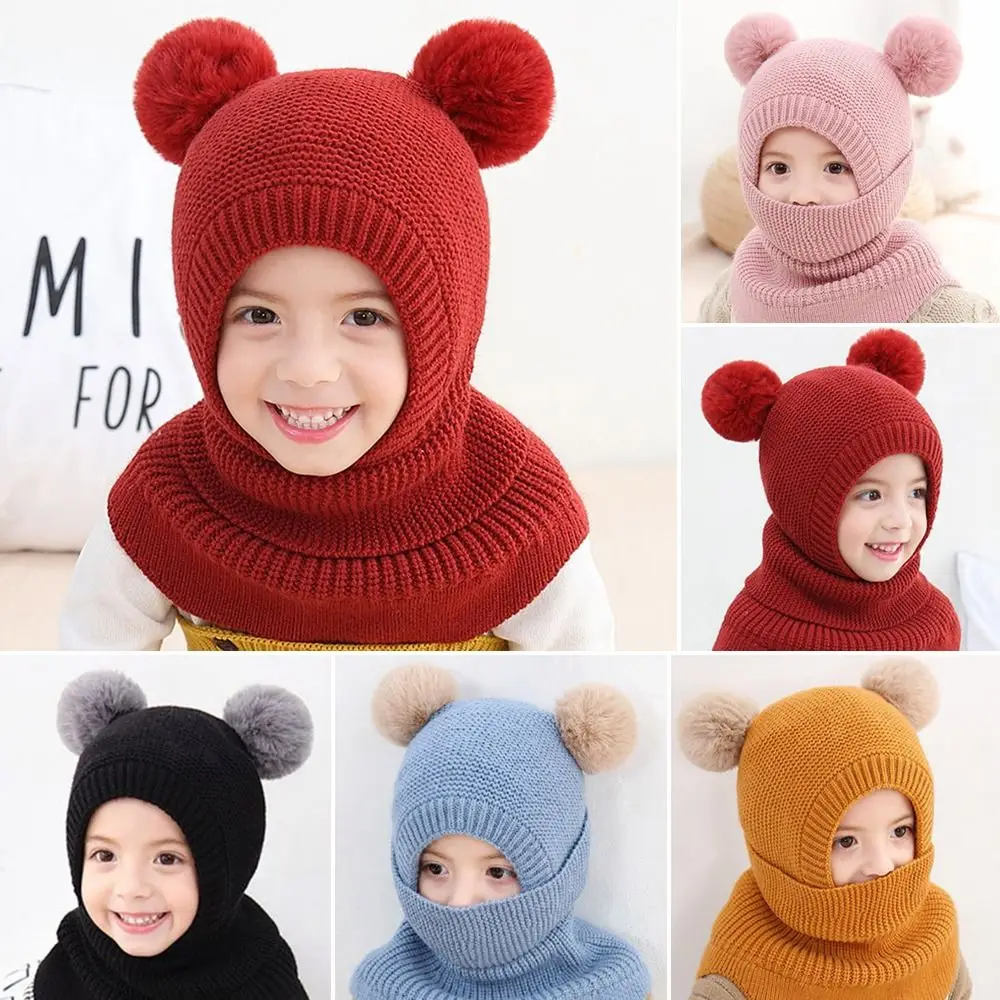 Breathable Warm Hats Two Ball Ear Protection Caps Autumn and Winter Baby Knitted Hat Windproof Head Full Face Neck Cover