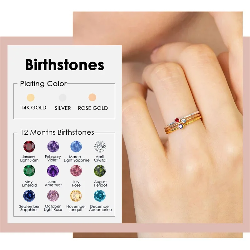 Luxury 12 Birthstone Rings Set for Women Gold Silver Plated Stainless Steel Stackable Crystal Finger Ring Waterproof Jewelry