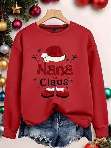 Santa Hat & Boots Nana Claus Letter Print Women Sportswear Daily Long Sleeved Sweatshirt Autumn Winter Hoody O-Neck Warm Clothes