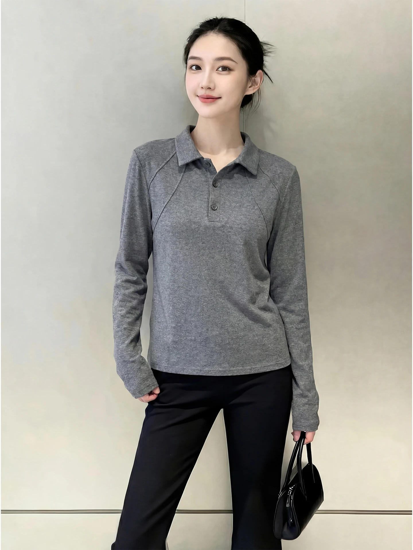 

Spring 2026 Large Size ey Collared Long Sve T-irt Women's Versatile Anti-Aging College Sle Top Korean Design Sense