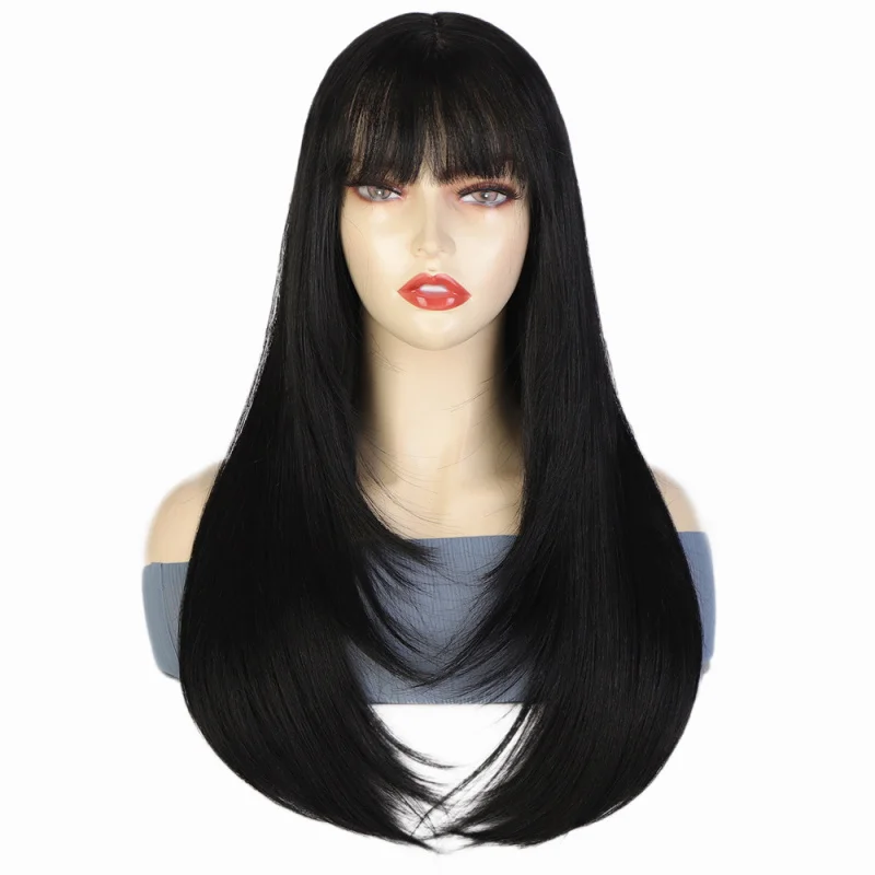 باروكة من الدانتيل الأمامي على الطراز الأوروبي والأمريكي مع غرة للنساء، باروكة دانتيل صناعية، لون سادة طويل مستقيم، جزء كبير L #5