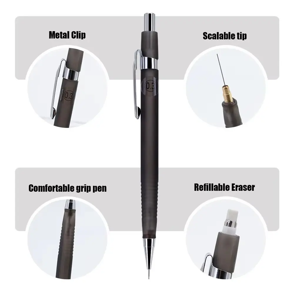 Durable 0.3/0.5/0.7/0.9mm Mechanical Pencil Built-in Eraser Soft Grip Automatic Pencil Propelling Pencil Students Drawing