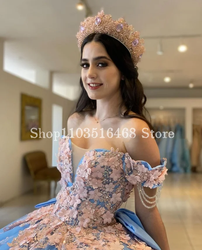 Princesa céu azul quinceanera vestido 2025 um ombro floral applique desossa espartilho com capela trem robes de soirée personalizado