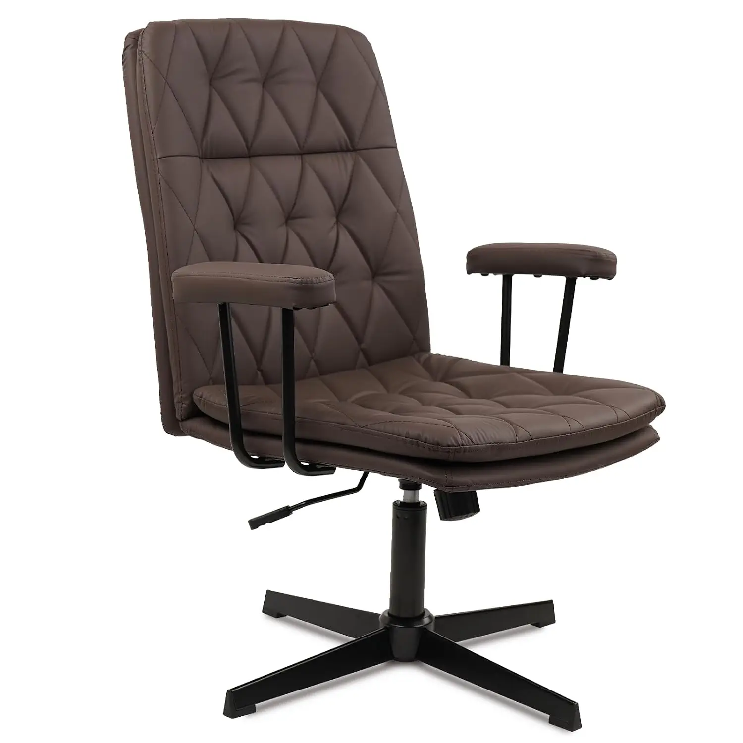 Brown Leather Office Chair No Wheels Criss Cross Desk Chair with Arms Mid Back Height Adjustable Swivel Task Chair for Home Offi