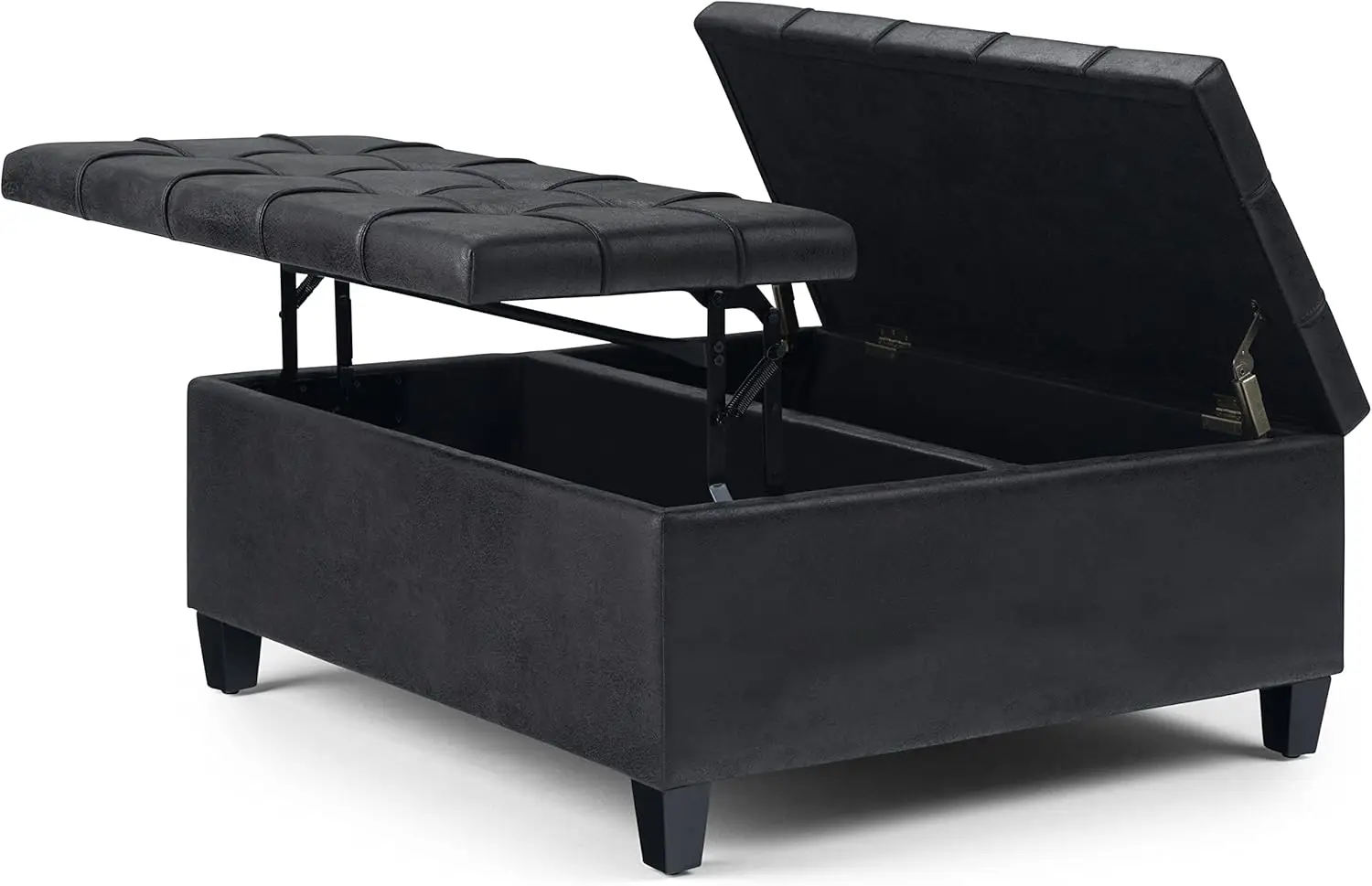 36 inch Wide Square Coffee Table Lift Top Storage Ottoman in Upholstered Distressed Black Tufted Faux Leather