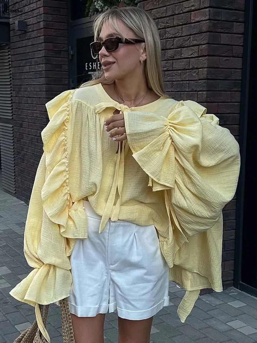 Oymimi Casualowe Żółte Koszule Damskie z Bawełny Eleganckie Bluzki z Dekoltem O-Neck, Falbankami, Długim Rękawem, Modne Bluzki Sznurowane, Luźne Bluzki Damskie