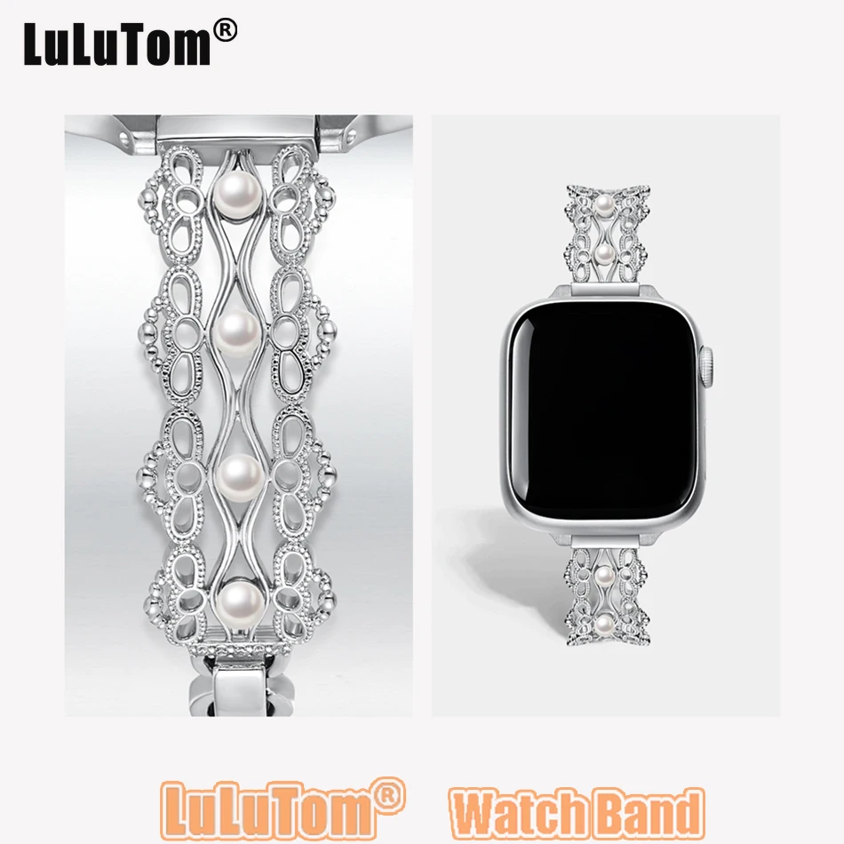 

Ремешок для Apple Watch 38 40 41 42 44 45 46 49 мм Жемчужный кружевной металлический ремешок Iwatch Series 10 9 8 7 6 5 4 3 SE Ultra Женский браслет