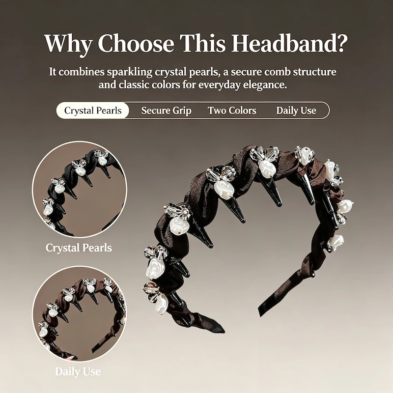 Women Elegant Crystal Pearl Headband Non Slip Teeth Design Fabric Wrapped Hair Hoop 2026 High Cranial Top Hairband Daily Party