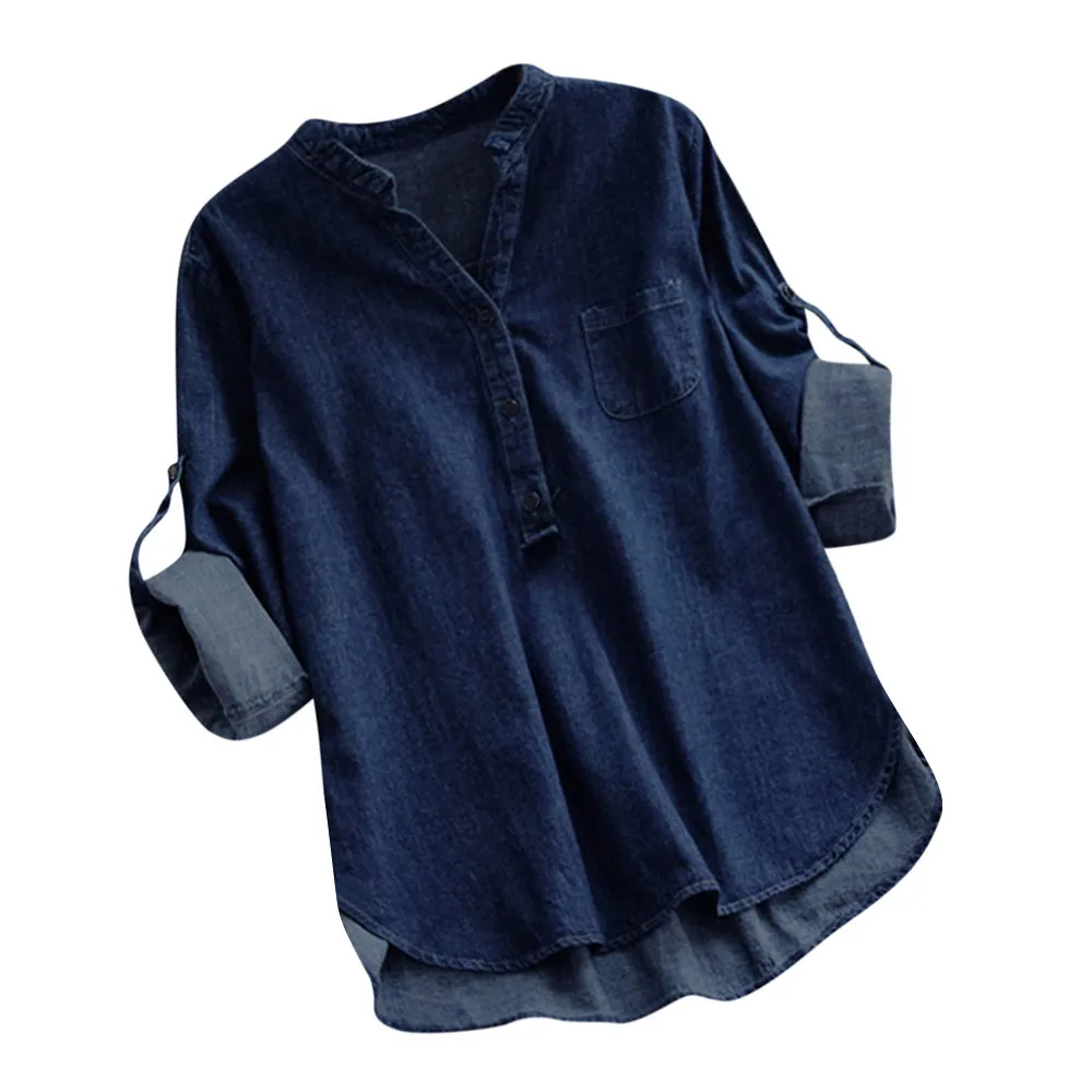 Vintage Clothes Women\'s Denim Blue Shirts Fashion Autumn Blouse Casual Tunic Button V Neck Long Sleeve Jean Tops Blusa