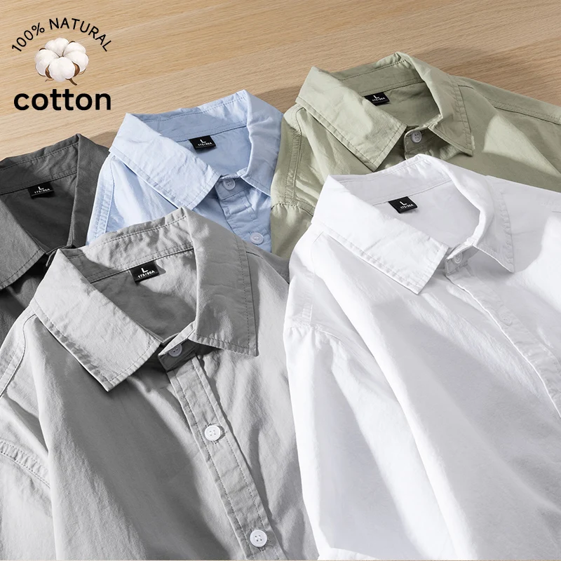 

Men's Short Sleeve Shirt 100% Cotton Summer Casual Loose Fit Solid White Basic Tops Korean Fashion Male Clothing M-3XL