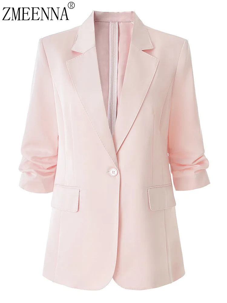 

ZMEENNA Women's Elegant Pink Blazer Ruched Sleeve Button Lightweight Jacket Casual Office Work Wear Outerwear ZM3528