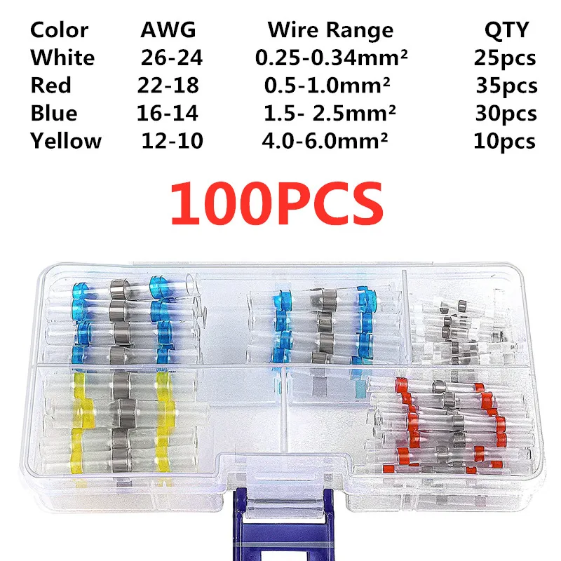 100pcs Wire Connectors Heat Boxed Solder Seal Shrink Insulated Electrical Wire Terminals Waterproof Butt Splice Connector Seal