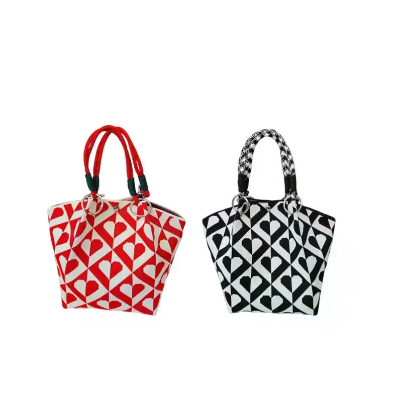 Women's Vintage Floral Knit Tote Bag Soft Breathable Durable Casual Shoulder Bag for Office Commute Grocery