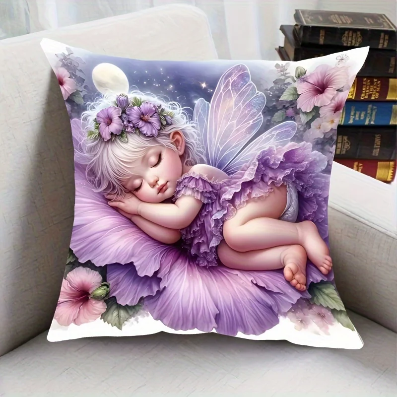 

Dream Flower Fairy Single-sided Printed Pillowcase, Sofa Living Room Warm Cushion Cover, Bedroom Bedside Fairy Tale Pillow Cover