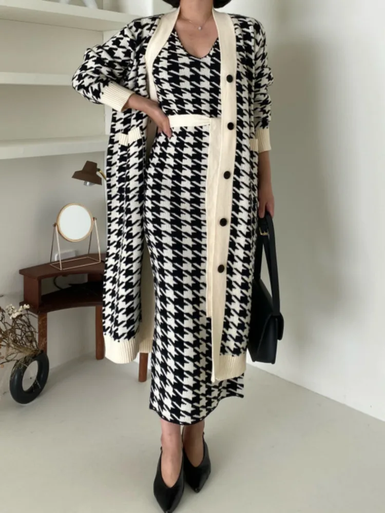 2024 Korean Sweater Set Fashion Vintage V-Neck Long Knitted Sweater Coat + Houndstooth Vest Dress Female Two-Piece Suit Outfits