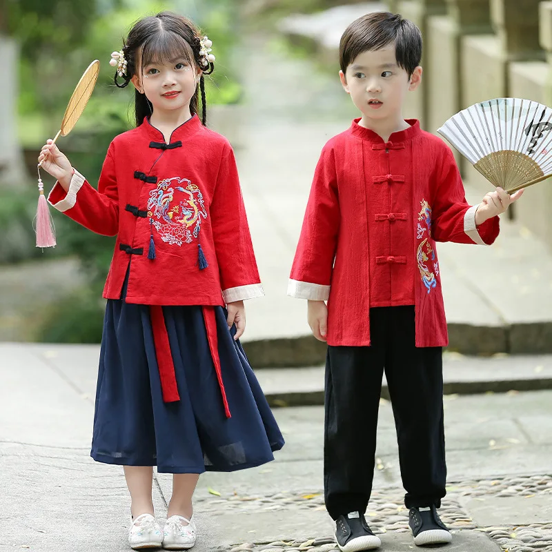 

New Autumn Boys And Girls Chinese Style Embroidery Dragon Tang Suit Traditional Ancient Hanfu Two Piece Set Role Play Costume