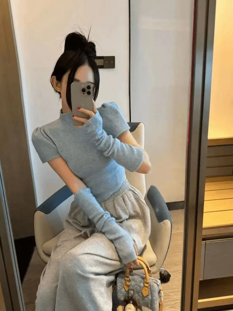 

Early Spring 2026 Women's Slim Fit ort Knitted Sweater Bubble Sve f High Collar Casual Sle Color Faion Top