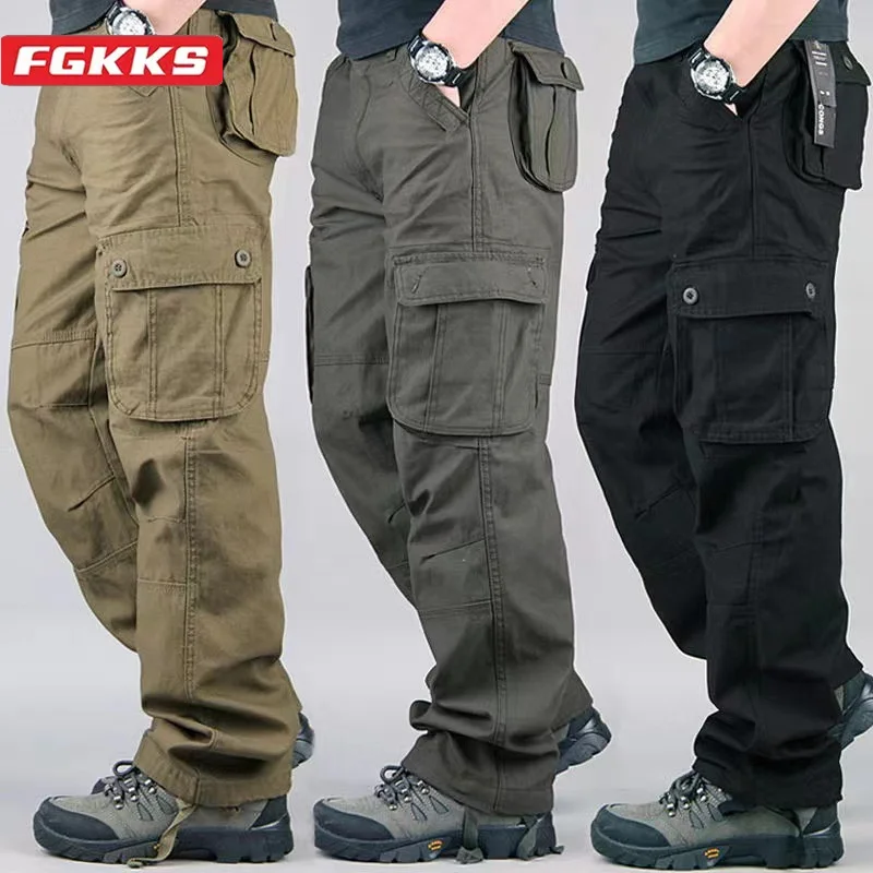 FGKKS 2024 Outdoor Casual Pants Men Slim Large Pocket Fashion Cargo Pants High Quality Design Hot Casual Pants Men