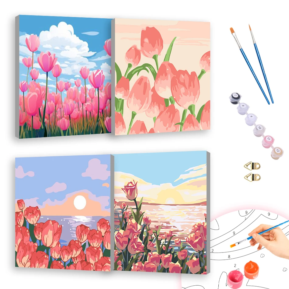 

RUOPOTY 20x20cm With Frame Painting By Numbers For Beginner pink tulip Flowers Diy Crafts Color Markers Oil Handmade Wall Decor