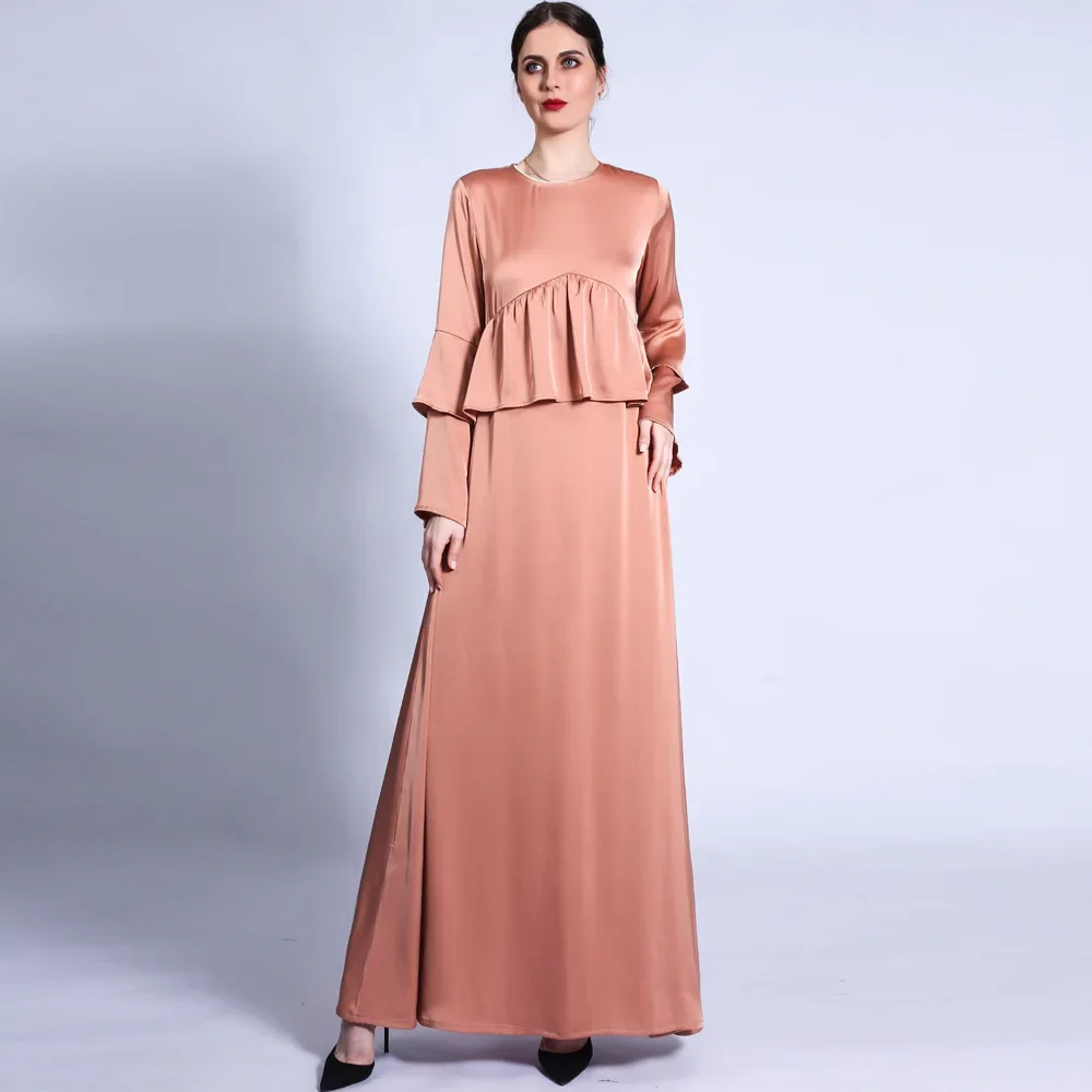 

Women Muslim Abayas Fashion Flounce Muslim Dress Casual Lace-up A-line Dress Female Solid Flare Sleeve Dress for Women Vestidos