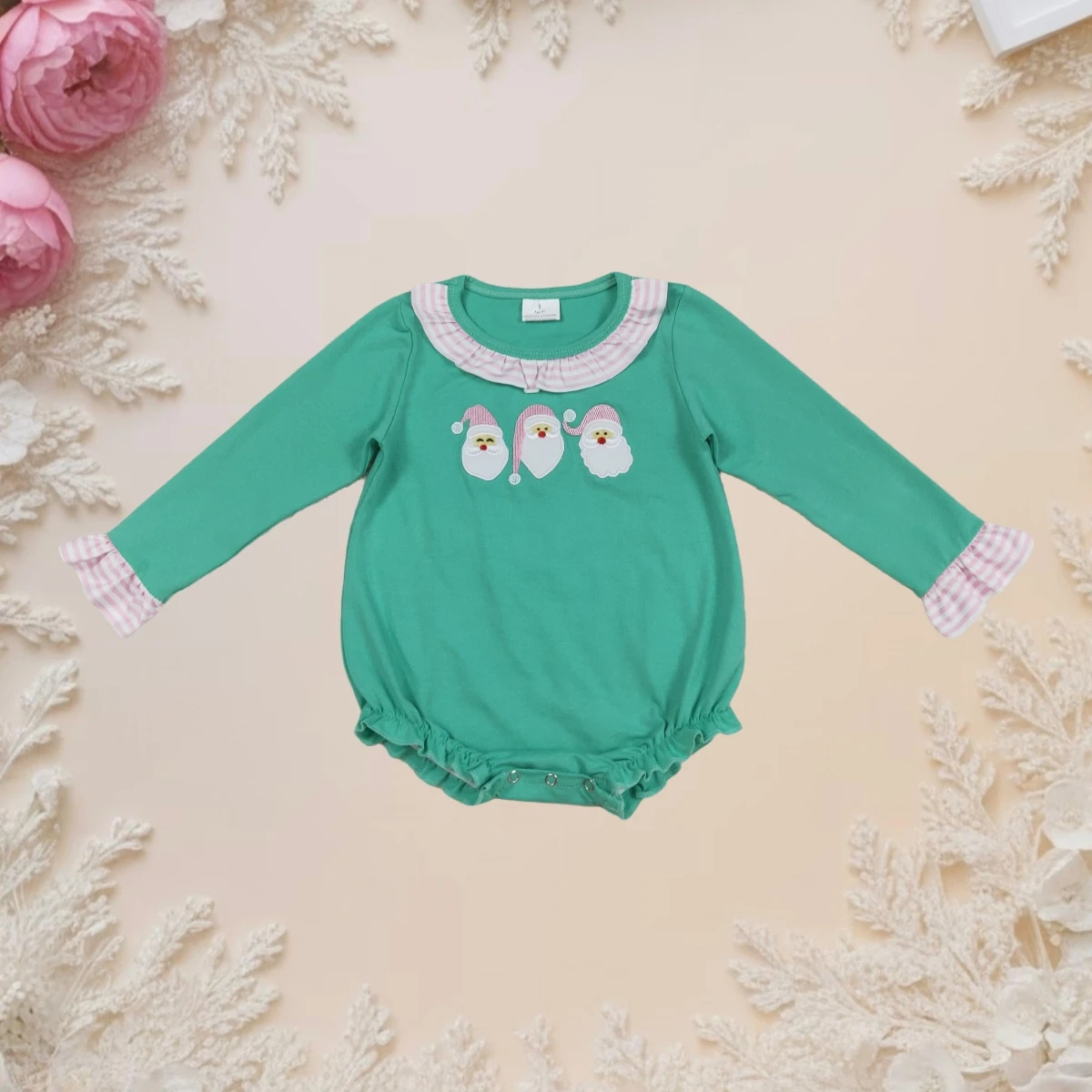 

Christmas Newborn Baby Romper Long Sleeve Santa Claus Embroidery Ruffle Collar Green Jumpsuit Holiday Outfit for Infant Girls