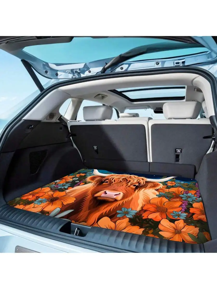 

Car Trunk Cargo Mat Highland Cow Floral Pattern Anti-Slip Wear Resistant Washable Pet Mat
