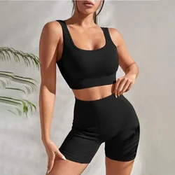 Women's 2-Piece Ribbed Seamless Breathable Sports Strap Vest High-Waisted Shorts Tracksuit