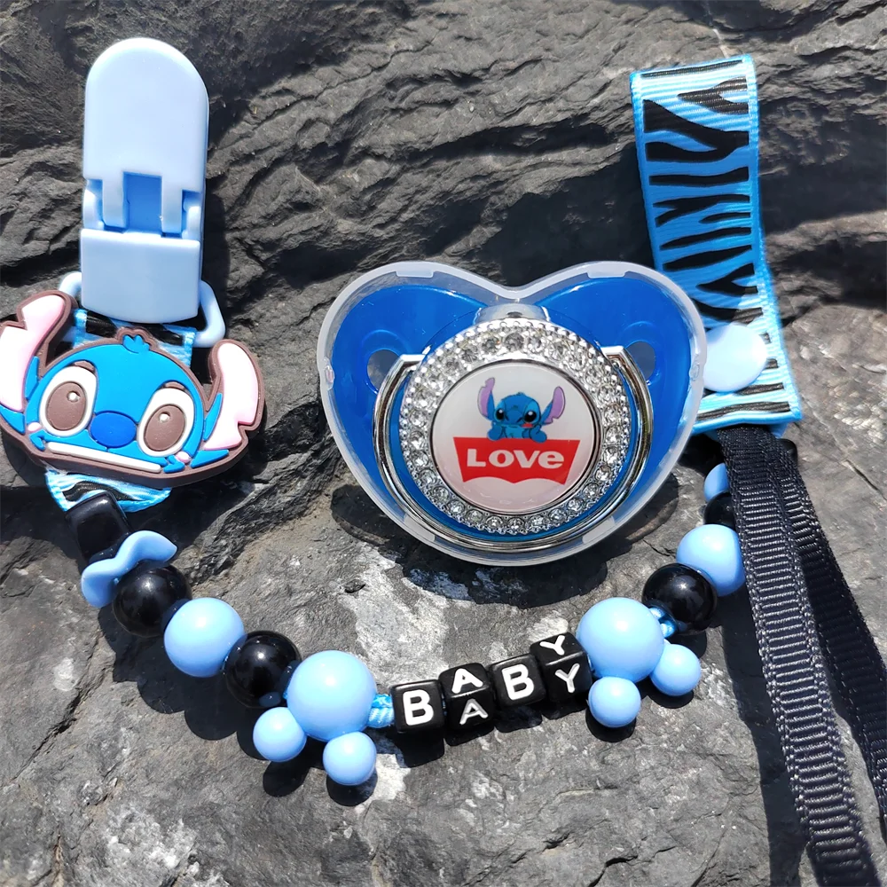 1 Set The Lilo & Stitch Blue Black Beads Anti-drop Custom English Letter Name Baby Pacifier Clips Silicone BPA Free Teether Paci