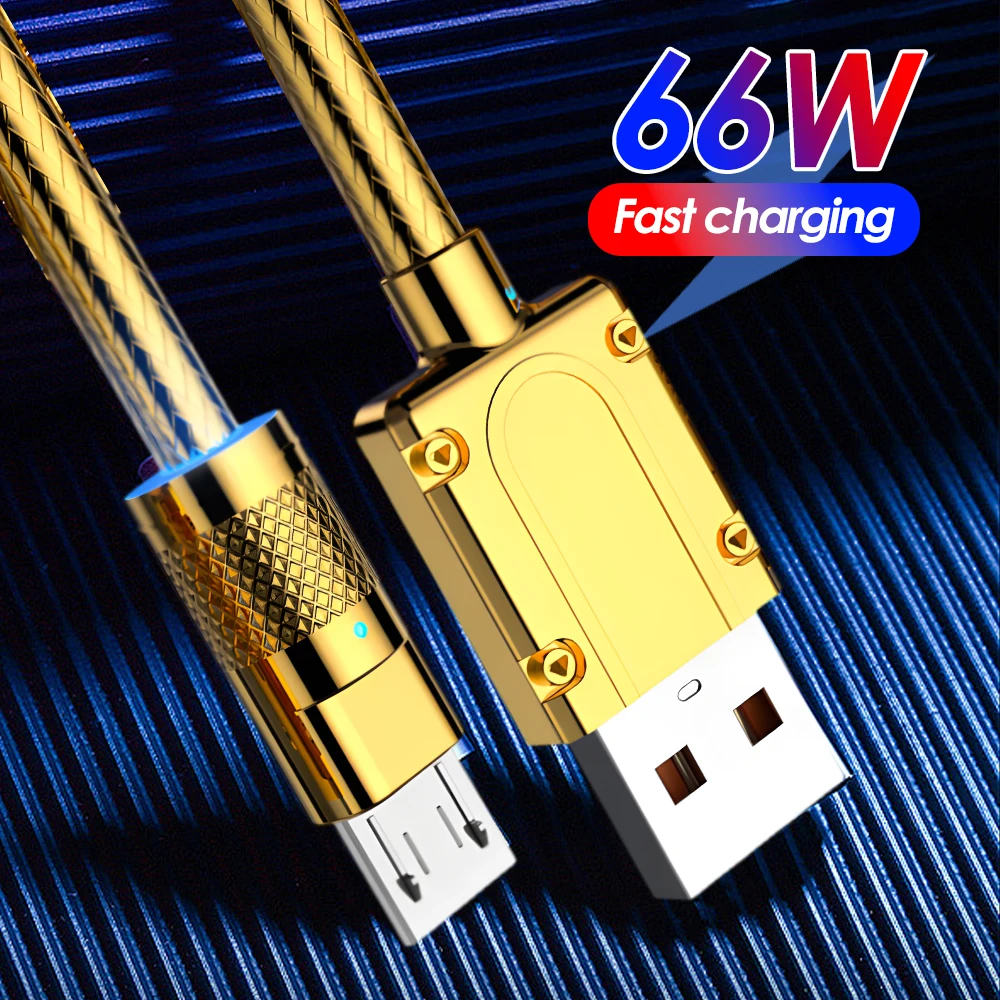 6A 66W Fast Charging Cables Micro USB Golden Plated Cellphone Charger Wire Metal Braided Data Cord for Android Xiaomi 12Pro K60