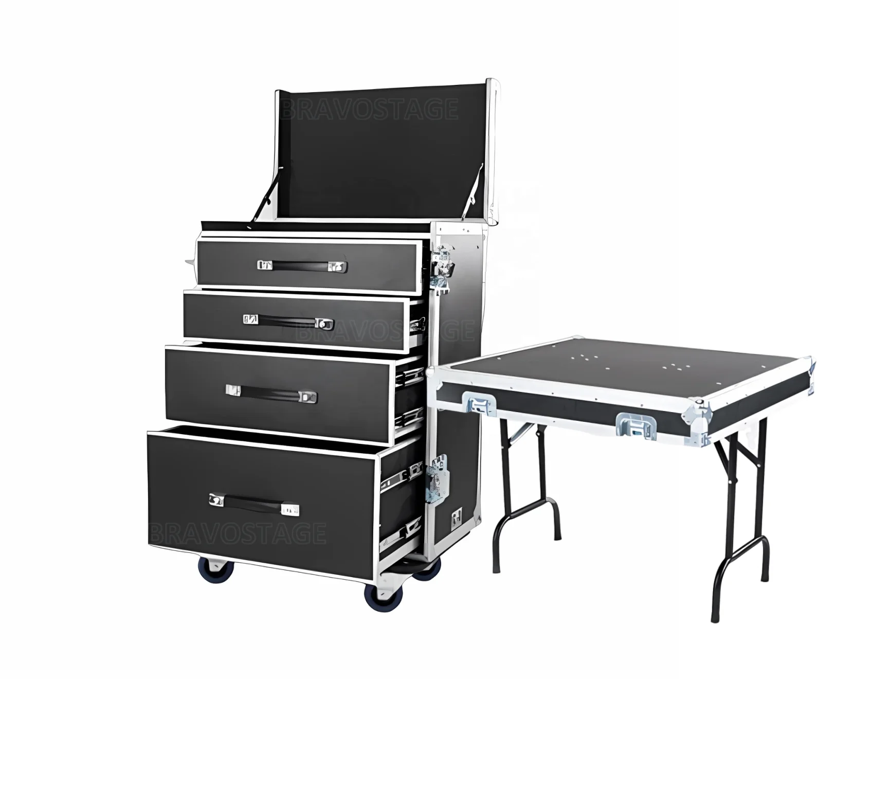 Workbox Flight Case, Aluminum and Plywood 4-Drawer ATA Road Case, with Fold Out Removable Table, Workstation Tool Storage Case