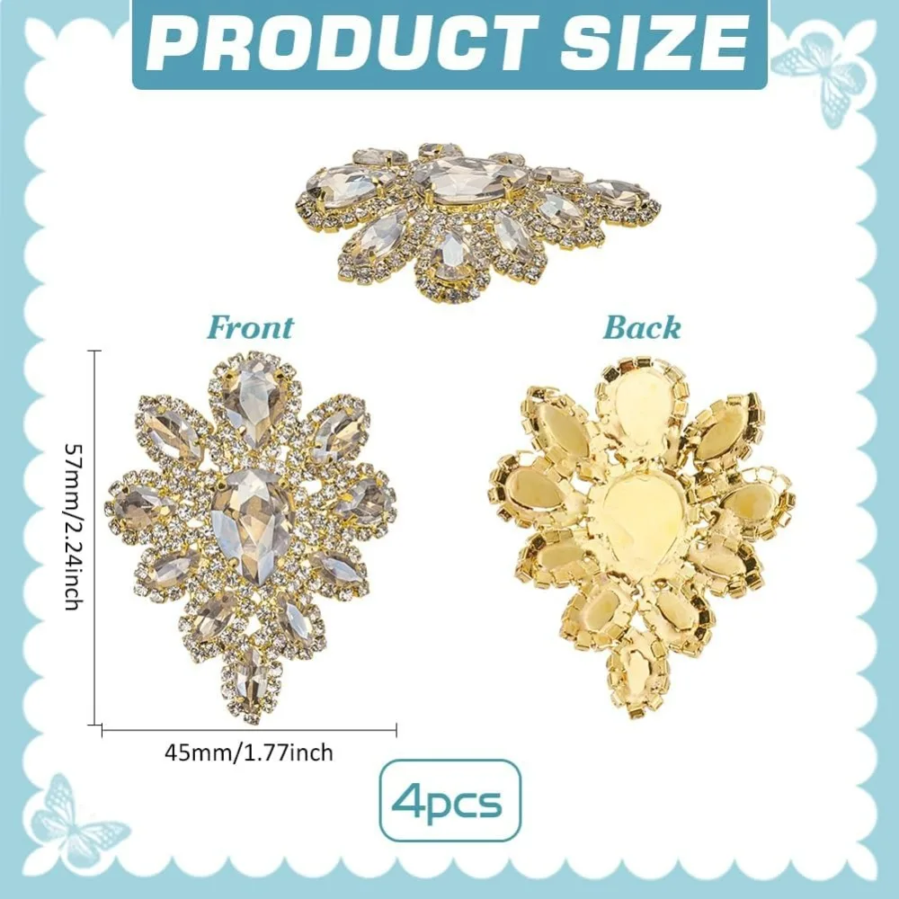 4PCS Rhinestone Applique Topaz Teardrop Shape Rhinestone Appliques Wedding Bridal Crystal Patches Fancy Beaded Flower Patch