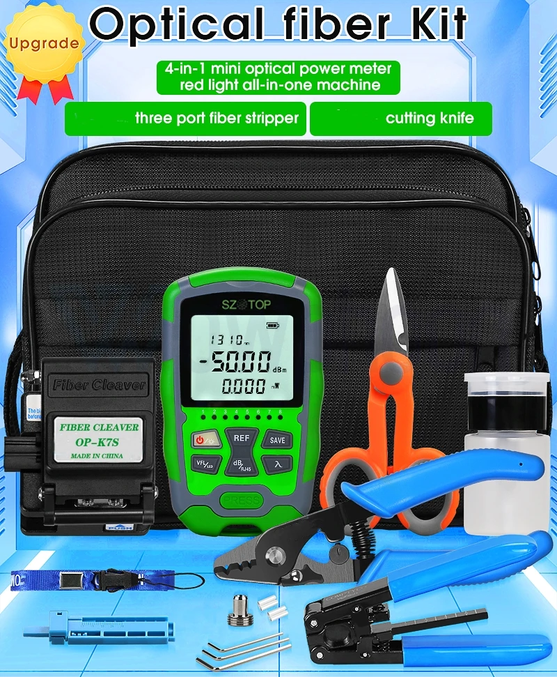 

Customized FTTH Fiber Optic Tool Kit, 4 in 1 Optical Power Meter, 15mW VFL, Fiber Cleaver, Stripper, Fixed Fixture