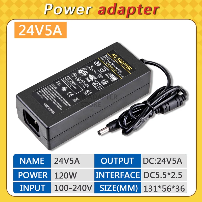 DC 24V5A Power Supply Adapter,  AC 100-240V to DC 24V 5A Switching Transformer Jack 5.5mm x 2.5mm for LED Strip, Light, Cameras