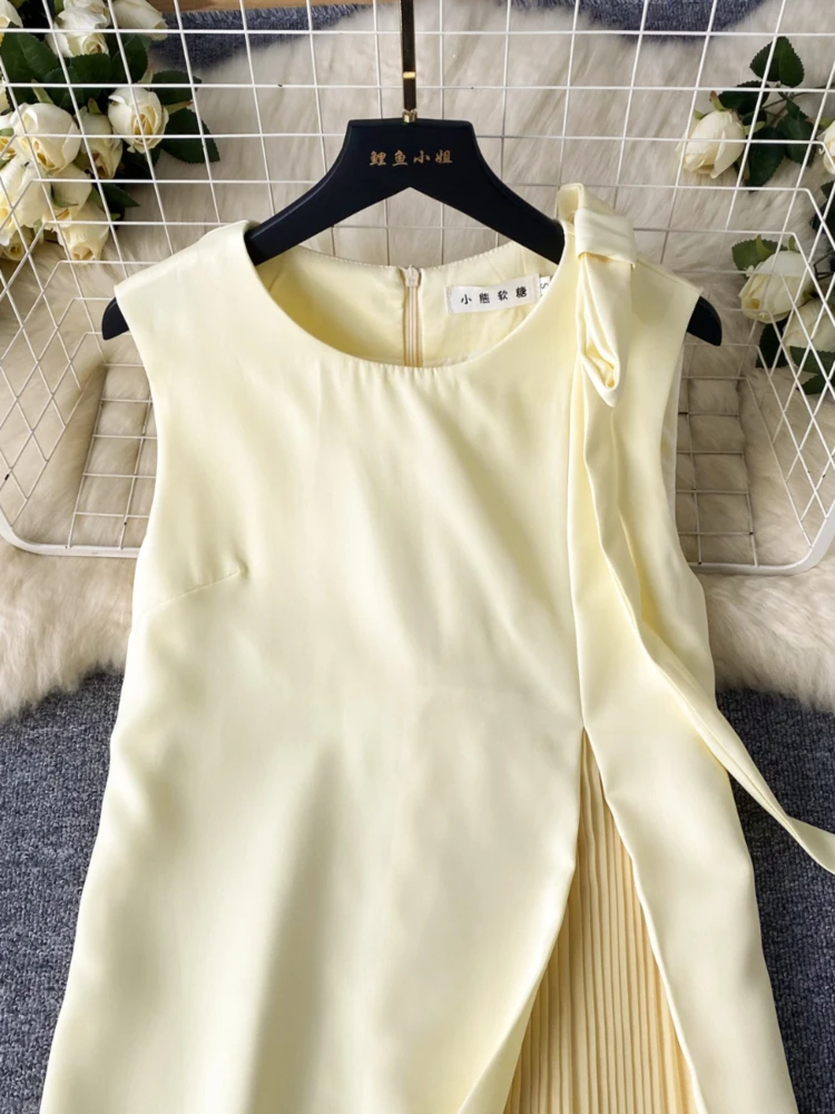 Summer Mini Dress for Women O Neck Sleeveless Patchwork Slit A Line Sweet Short Dress