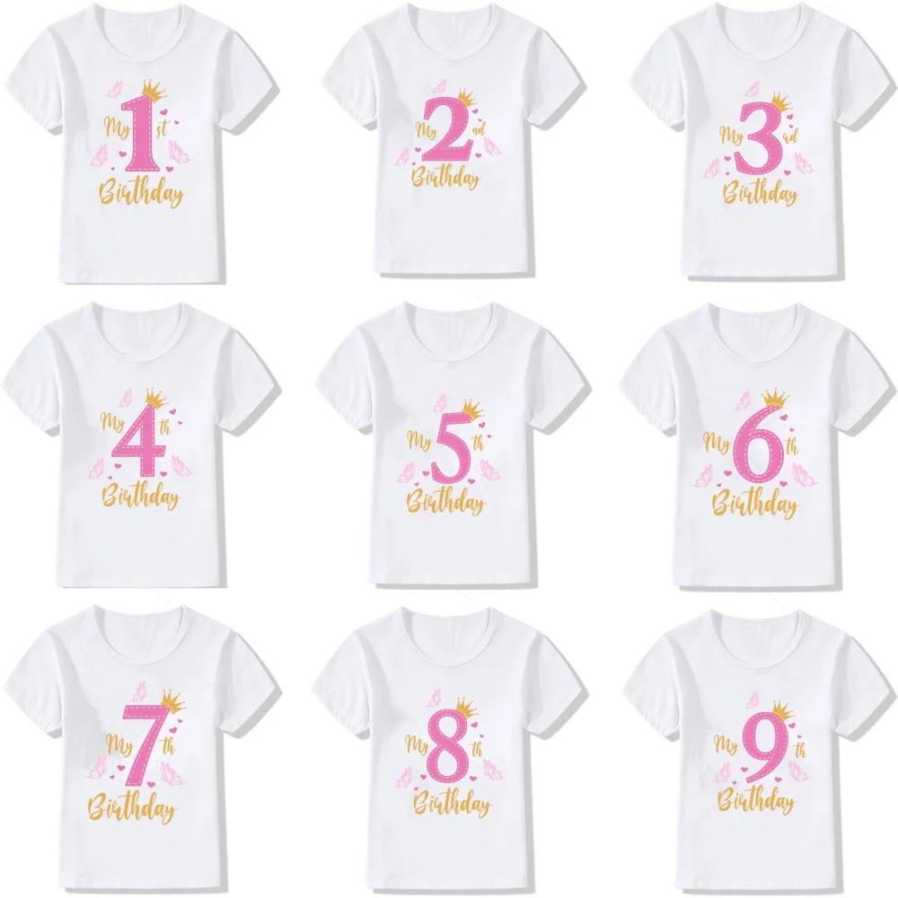 Girls Birthday Pink Number with Crown and Butterfly T Shirt Cute Casual Tee for Kids