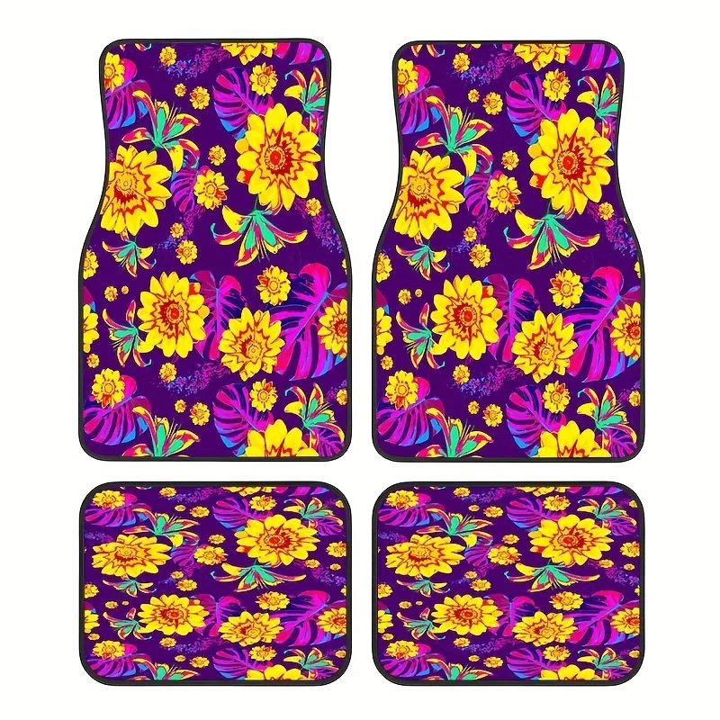 4-Pack, Bright Floral Pattern Car Rubber Floor Mat, Universal Non-slip Carpet, Easy-to-clean Interior Accessories, Suitable For