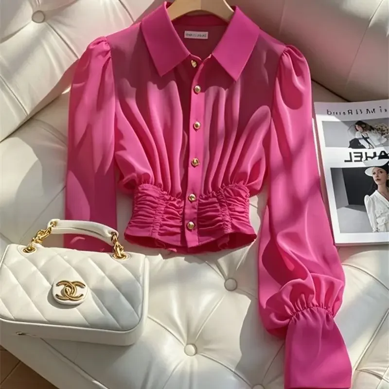 

Fashion Rose Red Chiffon Blouse Design Slim Wasit Pleat Shirt Women Metal Button Long Sleeve Top Small Fragrance XQ204
