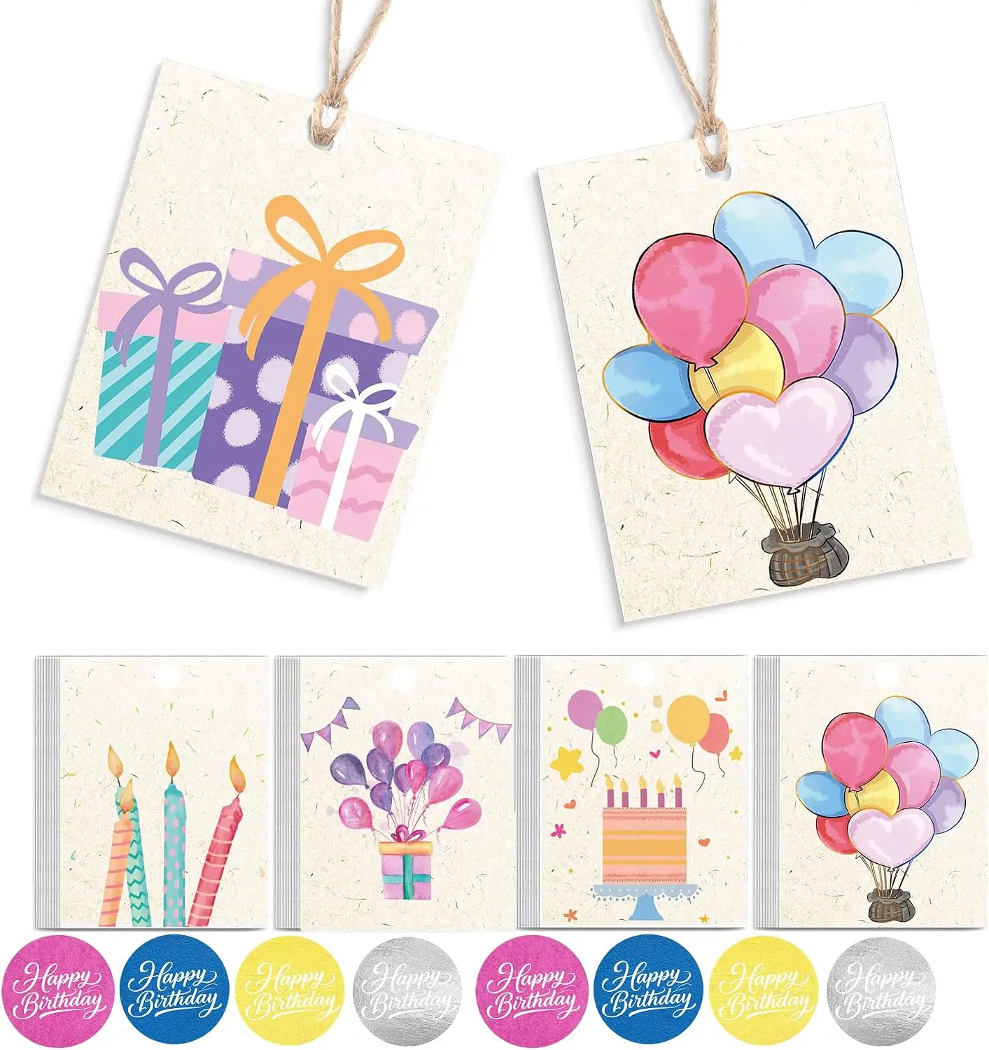 50 Pcs Colorful Birthday Gift Tags with String 2 X 3 Inch Textured Paper Foil Balloons Candles Hanging Labels Watercolor Theme