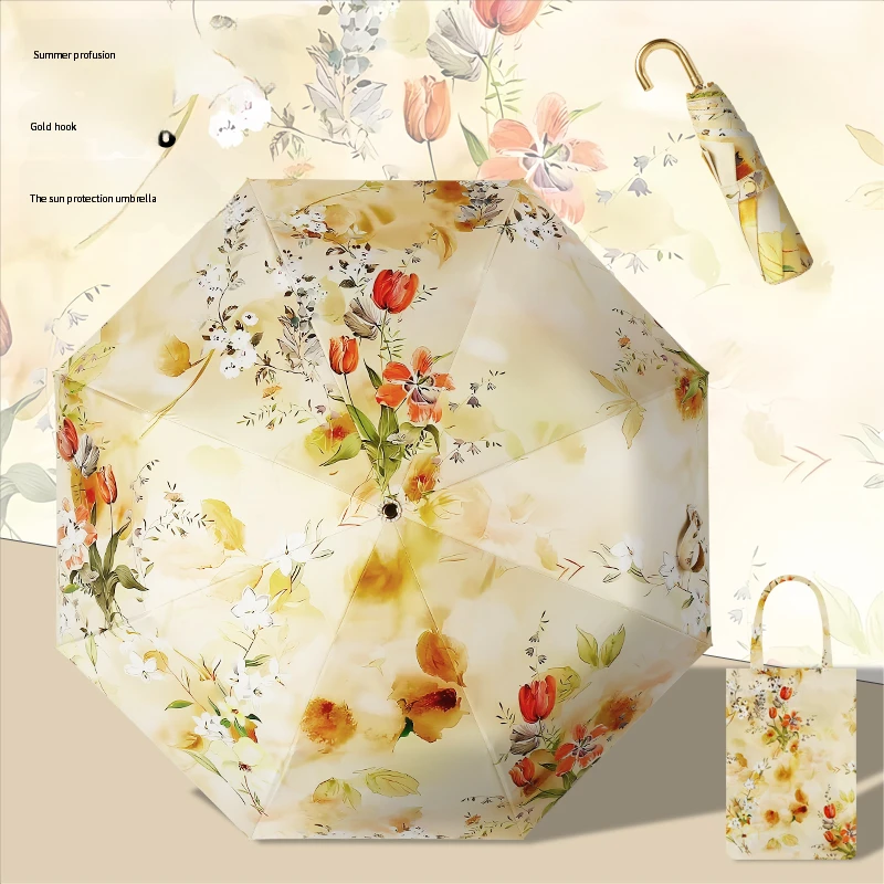 Pintura al óleo francesa, sombrilla pequeña de tres pliegues con gancho dorado, protección contra ultravioleta, paraguas de lluvia para mujer, paraguas pequeño