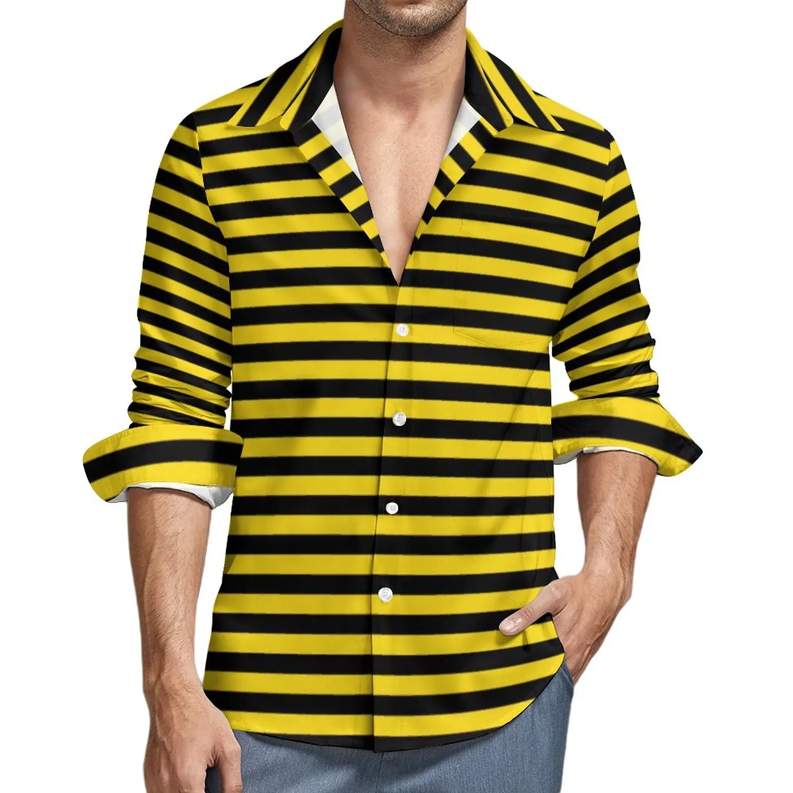 Bumble Bees Shirt Autumn Yellow And Black Stripes Casual Shirts Men Vintage Blouses Long Sleeve Graphic Street Style Clothes