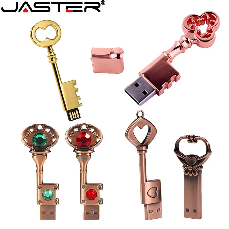 

JASTER Metal Key 2.0 USB Flash Drive 64GB Mini Retro Copper Gold Jade Pen Drive 32GB Gold Creative Memory Stick Holiday Gift