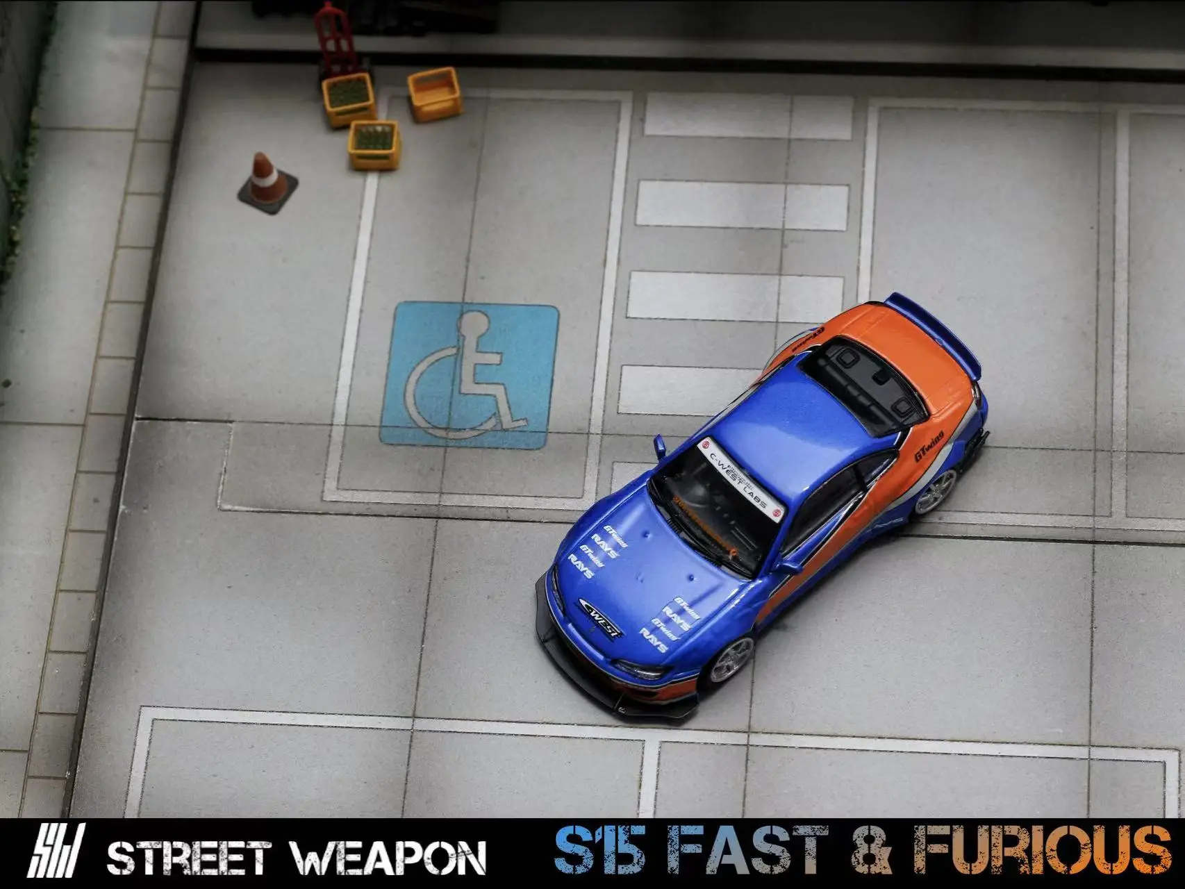 **Pre-order ** SW 1:64 Silvia S15 Pandem Rocket Bunny FNF Blue Orange Model Car