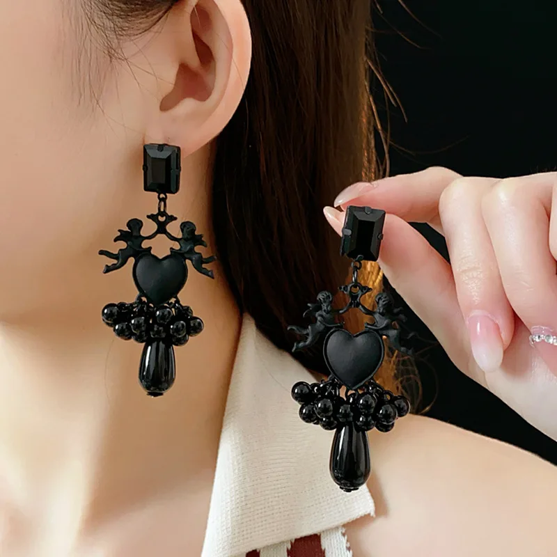 

Silver Needle Angel Love Earrings, niche and personalized design, bead tassel earrings, fashionable and high-end accessories