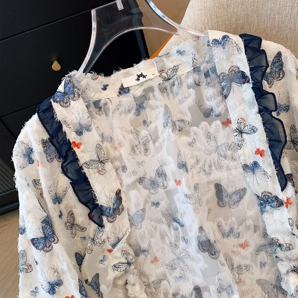 Spring summer autumn plus size women's casual top jacquard technology lace-up cardigan thin sunscreen coat butterfly print coat